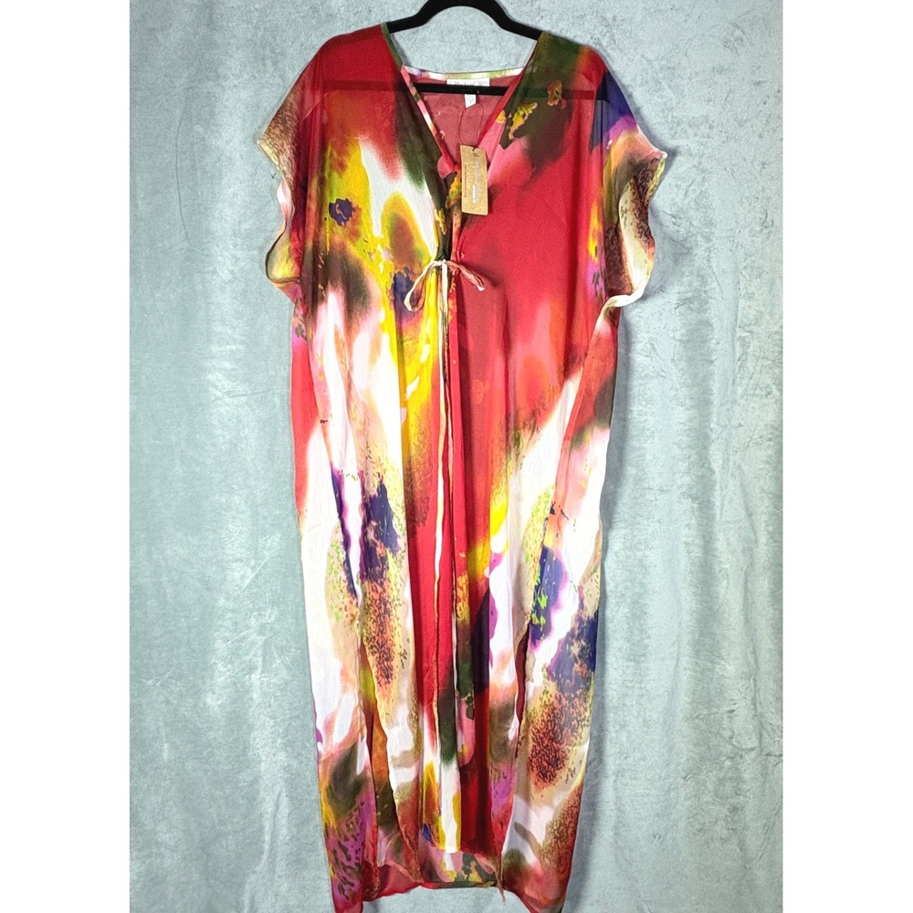 Michael Stars Kaftan Dress New Watercolor Abstract Sheer Beach‎ Cover Up Maxi